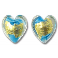 2 Murano Glass Turquoise 24kt Goldfoil Clear Cased 14mm Hearts