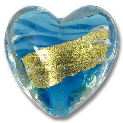1 Murano Glass Turquoise 24kt Goldfoil Clear Cased 20mm Heart