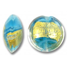 1 Murano Glass Turquoise 24kt Goldfoil Clear Cased 14mm Lentil Bead