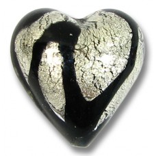 1 Murano Glass 20mm Clear Cased White Gold Foiled Black Drizzle Design Heart