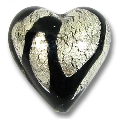 1 Murano Glass 20mm Clear Cased White Gold Foiled Black Drizzle Design Heart