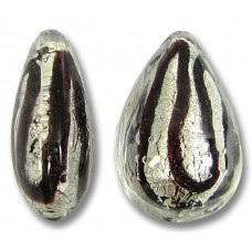 1 Murano Glass Clear Cased White Gold Foiled Black Drizzle 20mm Pear Drop Bead.