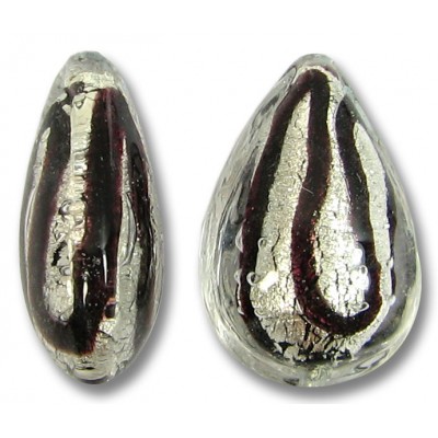 1 Murano Glass Clear Cased White Gold Foiled Black Drizzle 20mm Pear Drop Bead.