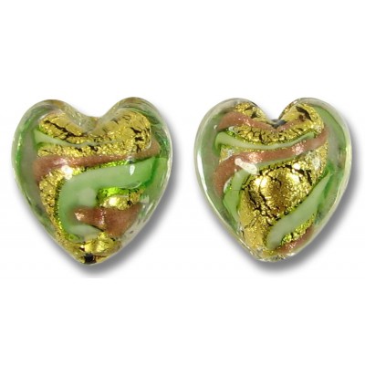 2 Murano Glass 24kt Gold Foil Green Gold Aventurine 12mm Hearts