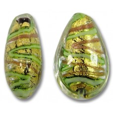 1 Murano Glass 24kt Gold Foil Green Gold Aventurine 20mm Pear Drop Bead