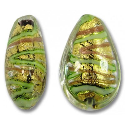 1 Murano Glass 24kt Gold Foil Green Gold Aventurine 20mm Pear Drop Bead