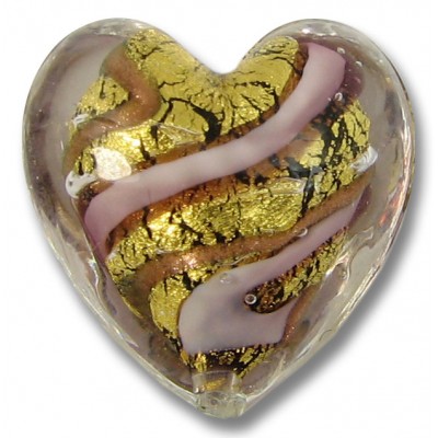 1 Murano Glass 24kt Gold Foil 20mm Light Amethyst Gold Aventurine Heart