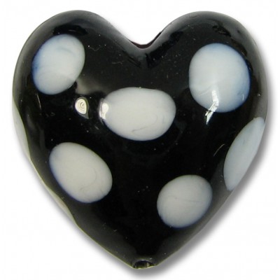 1 Murano Glass 20mm Black and White Spotted Heart Bead