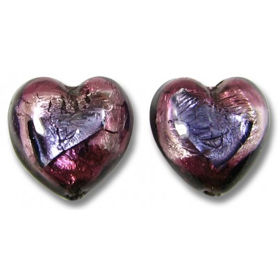 2 Murano Glass White Gold Foiled 14mm Purple Amethyst Hearts