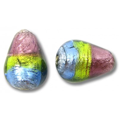 2 Murano Glass Sapphire Lime and Amethyst Tricolour Silver Foiled 14mm Drop Beads