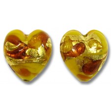 2 Murano Glass Yellow & Topaz Goldfoil 14mm Heart Beads 2 Murano Glass Yellow & Topaz Goldfoil 14mm Heart Beads