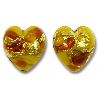 2 Murano Glass Yellow & Topaz Goldfoil 14mm Heart Beads