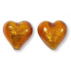 2 Murano Glass Medium Topaz Gold Foiled 14mm Hearts