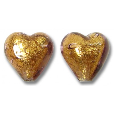 2 Murano Glass Chocolate Amethyst Gold Foiled 10mm Heart Beads