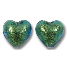 2 Murano Glass Kingfisher Gold Foiled 10mm Heart Beads