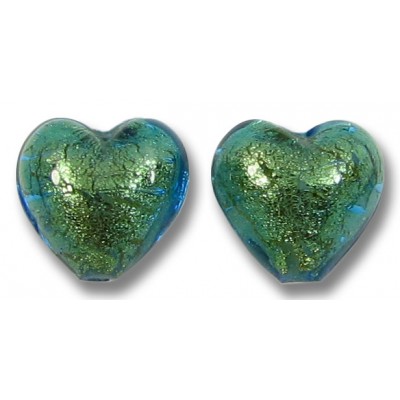2 Murano Glass Kingfisher Gold Foiled 10mm Heart Beads