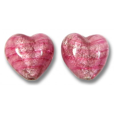 2 Murano Glass Rose White Gold Foiled 10mm Heart Beads
