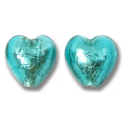 2 Murano Glass Verde Marino Silver Foiled 10mm Heart Beads 2 Murano Glass Verde Marino Silver Foiled 10mm Heart Beads