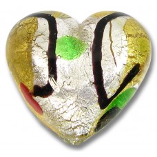 1 Murano Glass Gold and Silver Foil Harlequin 30mm Heart Bead