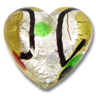 1 Murano Glass Gold and Silver Foil Harlequin 30mm Heart Bead