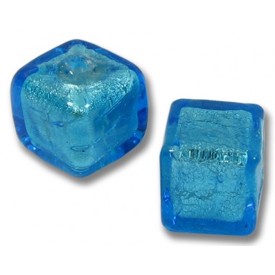 2 Murano Glass Dark Aquamarine White Gold Foiled 8mm Cube Beads