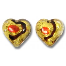 2 Murano Glass Miro Ruby Goldfoiled 10mm heart beads