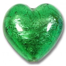1 Murano Glass Emerald Silver Foiled 28mm Heart 