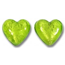 2 Murano Glass Light Erba (Lime) White Gold Foiled 14mm Heart Beads