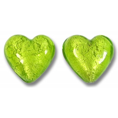 2 Murano Glass Light Erba (Lime) White Gold Foiled 14mm Heart Beads