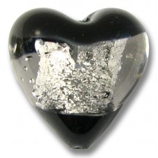 1 Murano Glass Clarity Jet Black Silver Foiled 20mm Heart Bead