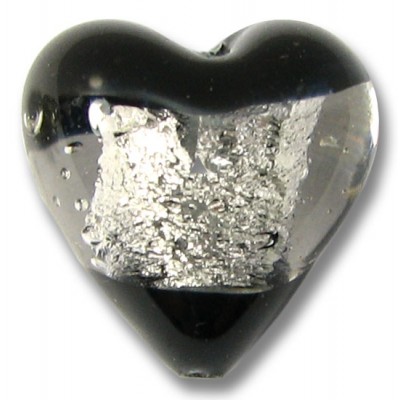 1 Murano Glass Clarity Jet Black Silver Foiled 20mm Heart Bead