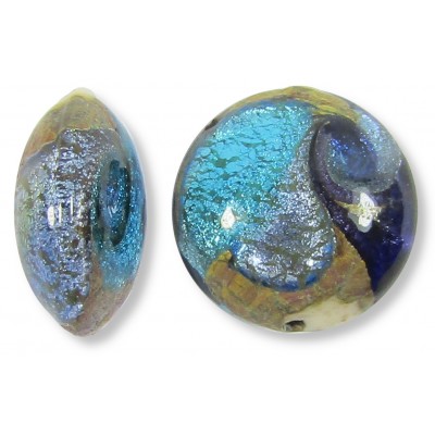 1 Murano Glass Tornado White Goldfoiled 16mm Lentil Bead