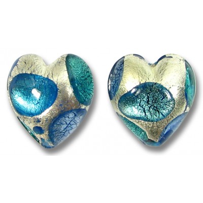 2 Murano Glass Goldfoil Extravagant Sapphire Aqua Verde 14mm Heart Beads