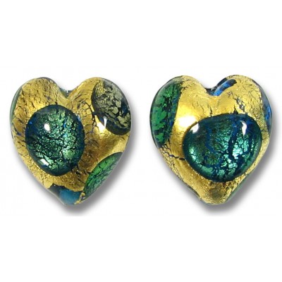 2 Murano Glass Goldfoil Extravagant Aqua Sapphire Emerald 14mm Heart Beads