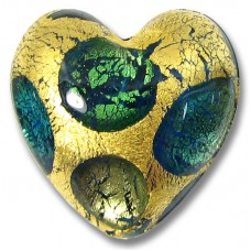 1 Murano Glass Goldfoil Extravagant Aqua Sapphire Emerald 20mm Heart Bead