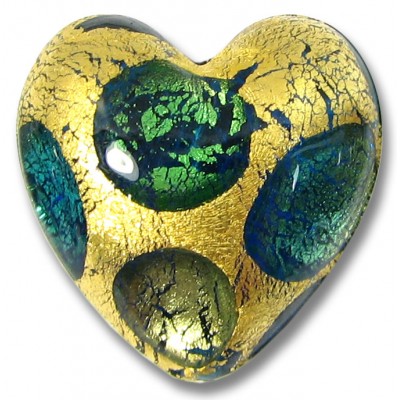 1 Murano Glass Goldfoil Extravagant Aqua Sapphire Emerald 20mm Heart Bead
