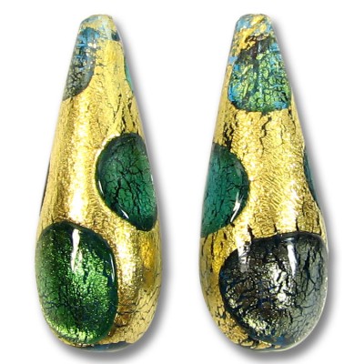1 Murano Glass Goldfoil Extravagant Aqua Sapphire Emerald 28mm Drop