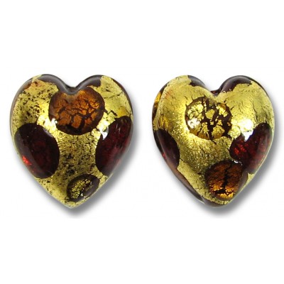 2 Murano Glass Goldfoil Extravagant Light Dark Ruby and Topaz 14mm Heart Beads