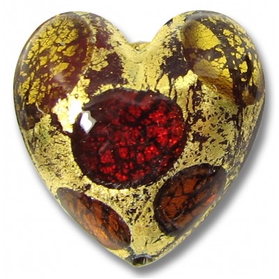 1 Murano Glass Goldfoil Extravagant Light Dark Ruby and Topaz 20mm Heart Bead