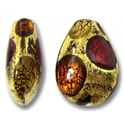 1 Murano Glass Goldfoil Extravagant Light Dark Ruby and Topaz 20mm Pear Drop
