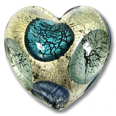 1 Murano Glass Goldfoil Extravagant  Aqua Sapphire BD 20mm Heart Bead