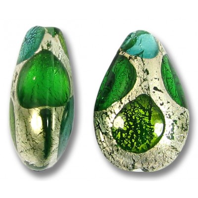 1 Murano Glass White Goldfoil Extravagant Greens 20mm Pear Drop