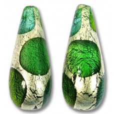 1 Murano Glass White Goldfoil Extravagant Greens 28mm Drop