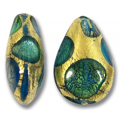 1 Murano Glass Goldfoil Extravagant Dark Aquamarine Sapphire and Emerald 20mm Pear Drop