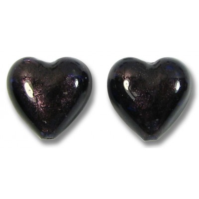 2 Murano Glass Plum (Dark Purple) White Gold Foiled 14mm Heart Beads