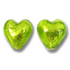 2 Murano Glass Light Erba (Lime) Green Silver Foiled 10mm Heart Beads