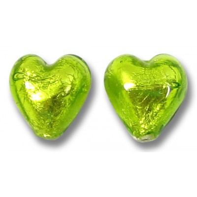 2 Murano Glass Light Erba (Lime) Green Silver Foiled 10mm Heart Beads