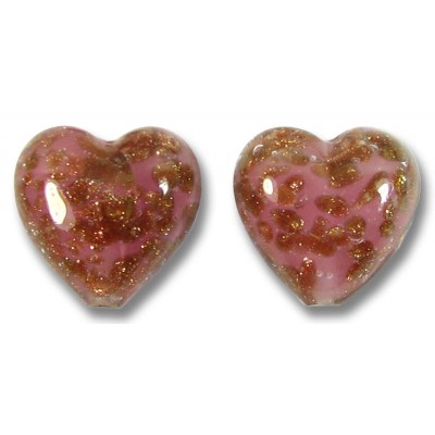 2 Murano Glass Sommerso Rose & Ginger 14mm Heart Beads