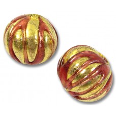 1 Murano Glass Goldfoil Rubino Ribbed Round 14mm Bead