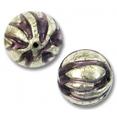 1 Murano Glass White Gold Foiled Purple Velvet Ribbed Round 14mm Bead